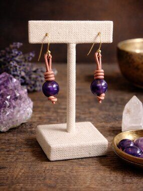 Amethyst Gemstones on Hand Knotted Soft Brown Leather Cord Earrings